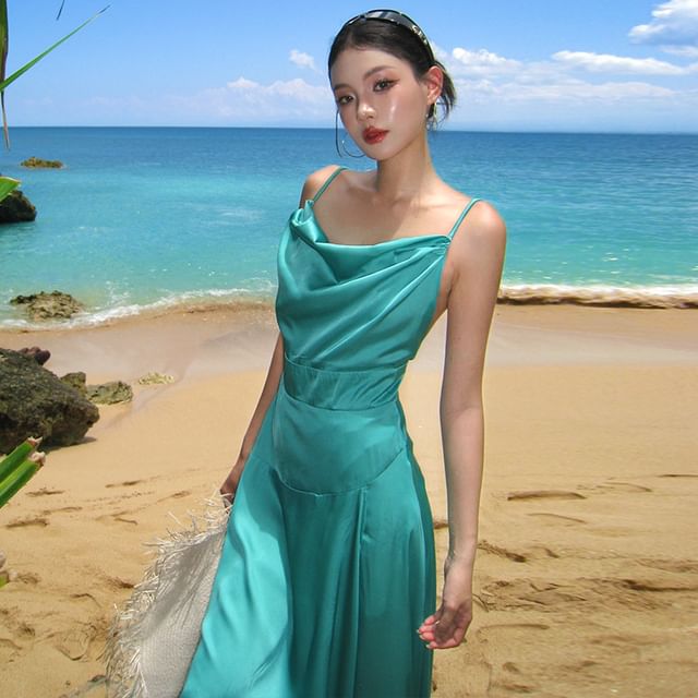 Spaghetti Strap Cowl Neck Plain Open Back Slit Maxi A-Line Dress