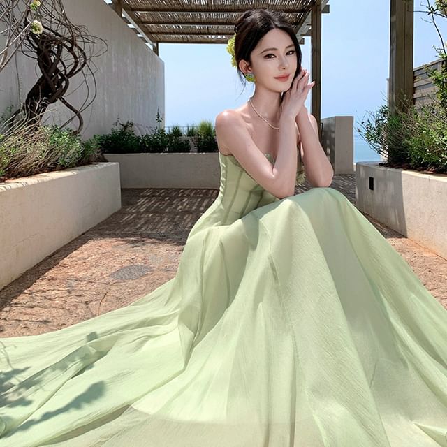 Spaghetti Strap V-Neck Plain Frill Trim Mesh Maxi A-Line Dress