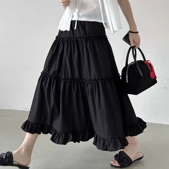High-Rise Ruffled Layered Midi A-Line Skirt