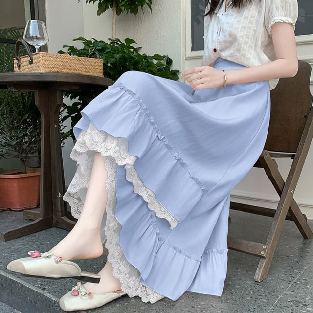 Elastic-Waist Lace-Panel Asymmetric Midi Flared Skirt