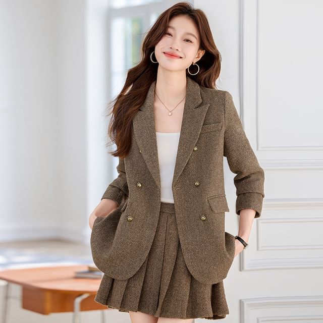 Herringbone Double-Breasted Blazer & Pleated Mini Skirt Set