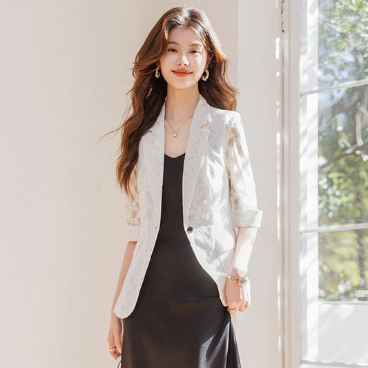 3/4-Sleeve Notch Lapel One-Buttoned Lace Blazer / Spaghetti Strap V-Neck Plain Midi A-Line Dress / Set