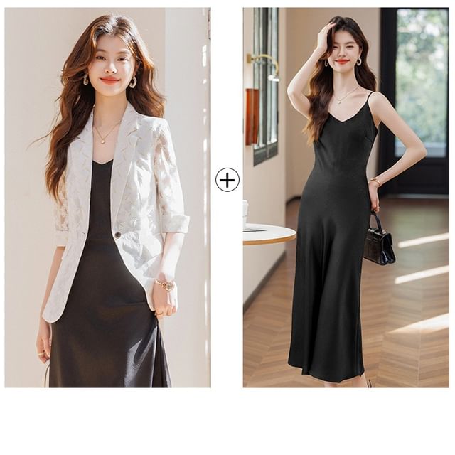 3/4-Sleeve Notch Lapel One-Buttoned Lace Blazer / Spaghetti Strap V-Neck Plain Midi A-Line Dress / Set
