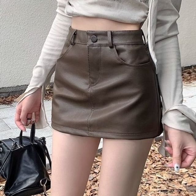 High-Rise Faux Leather Pencil Mini Skirt