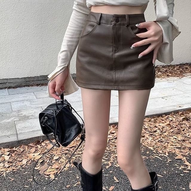 High-Rise Faux Leather Pencil Mini Skirt
