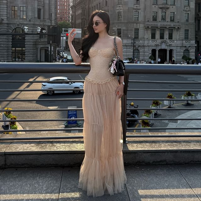 Lace Tube Top & Ruched Mesh Maxi Skirt Set