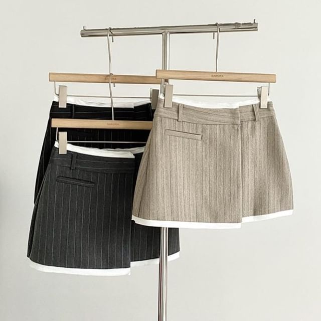 High-Rise Striped Asymmetric Contrast-Trim Mini Flared Skirt