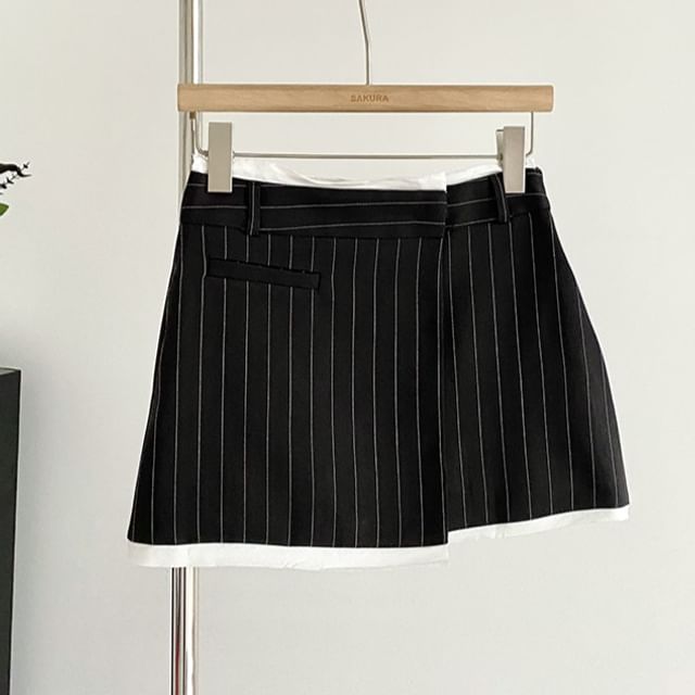 High-Rise Striped Asymmetric Contrast-Trim Mini Flared Skirt