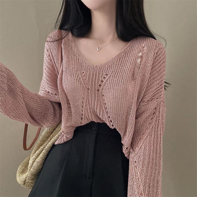 V-Neck Long-Sleeve Ribbed Knit Pullover Sweater