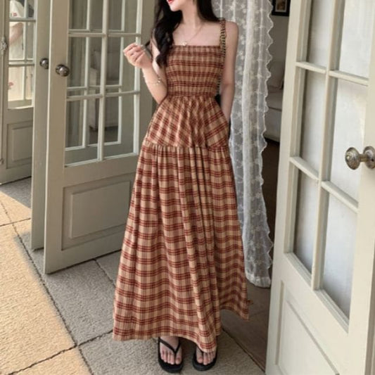 Spaghetti Strap Square Neck Plaid Maxi A-Line Dress