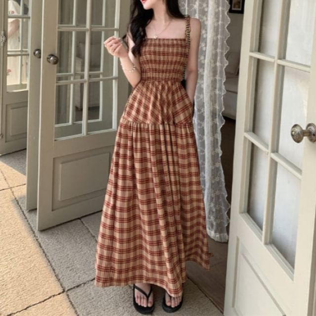 Spaghetti Strap Square Neck Plaid Maxi A-Line Dress