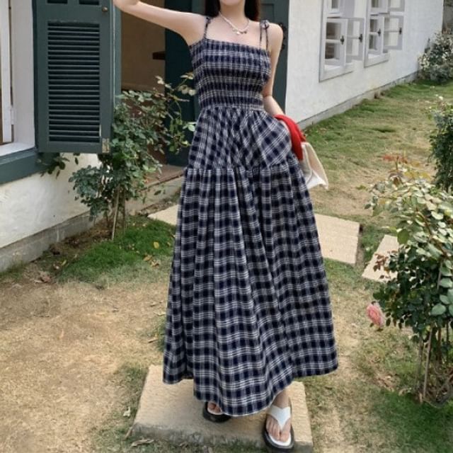 Spaghetti Strap Square Neck Plaid Maxi A-Line Dress