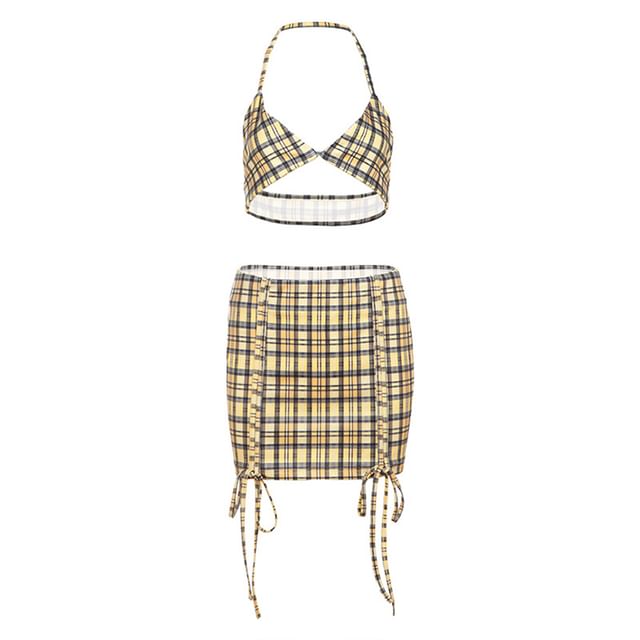 Set: Low-Rise Plaid Pencil Skirt with Bra Top and Short-Sleeve Crop Shirt