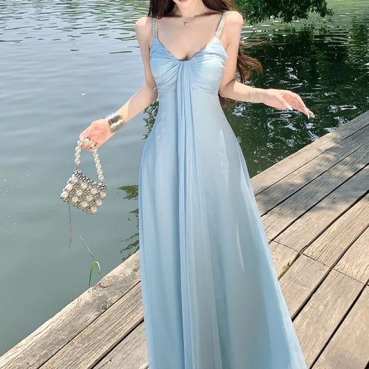 Spaghetti Strap Plain Knot Rhinestone Maxi A-Line Dress