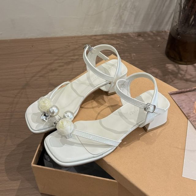 Faux Heel Sandals Pearl Flower Block
