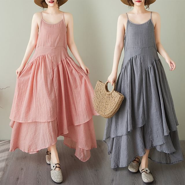 Spaghetti Strap Plain Asymmetrical Plain Midi A-Line Layered Dress