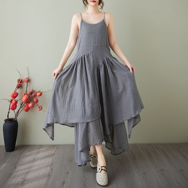 Spaghetti Strap Plain Asymmetrical Plain Midi A-Line Layered Dress