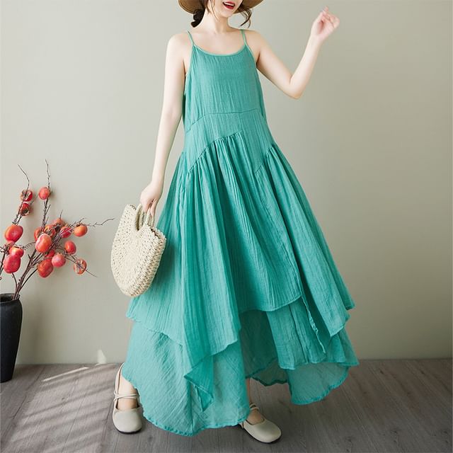Spaghetti Strap Plain Asymmetrical Plain Midi A-Line Layered Dress