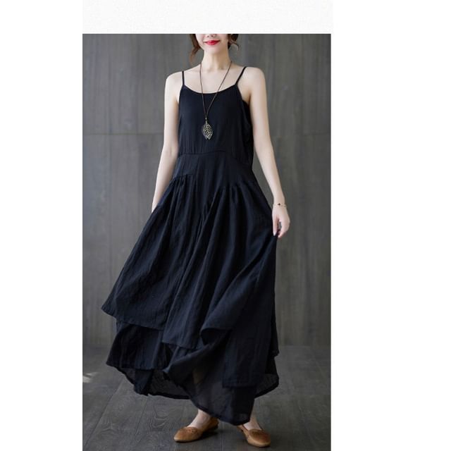 Spaghetti Strap Plain Asymmetrical Plain Midi A-Line Layered Dress