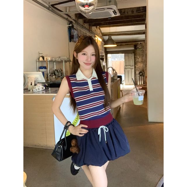 Contrast-Collar Striped Knit Crop Tank with Drawstring-Waist Bubble-Hem Mini Flared Skirt