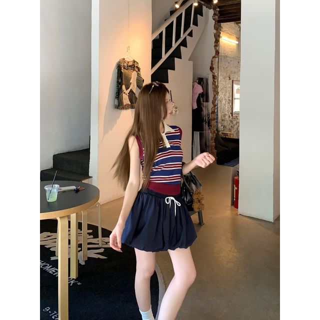 Contrast-Collar Striped Knit Crop Tank with Drawstring-Waist Bubble-Hem Mini Flared Skirt