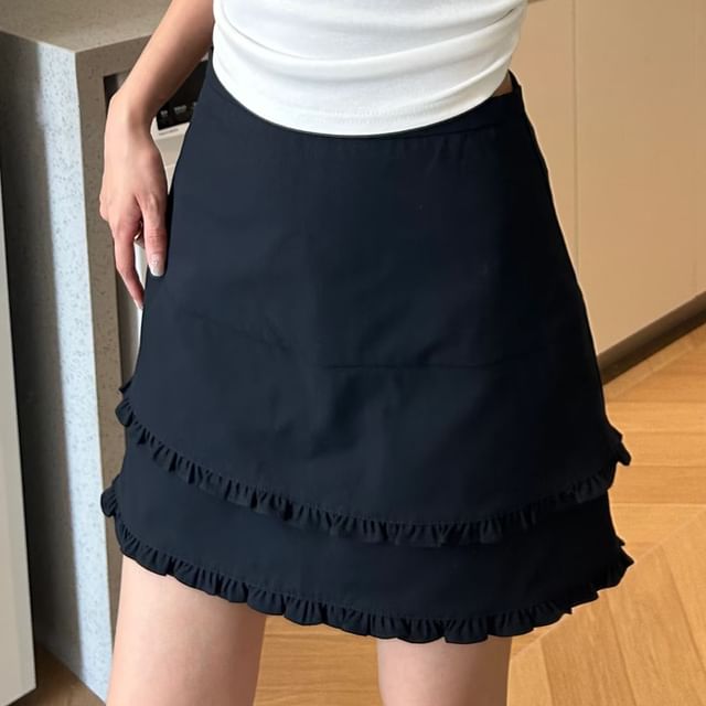 High-Waist Ruffle-Trim Mini Flared Skirt