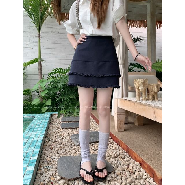 High-Waist Ruffle-Trim Mini Flared Skirt