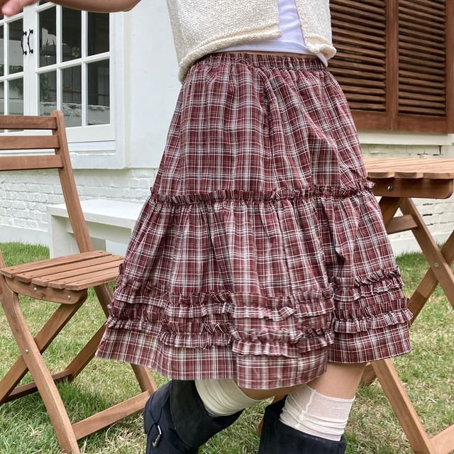 High-Rise Plaid Flared Skirt