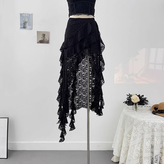 Spaghetti Strap Asymmetrical Ruffled Washed Denim Mini Bodycon Dress / High Waist Slit Midi A-Line Lace Skirt