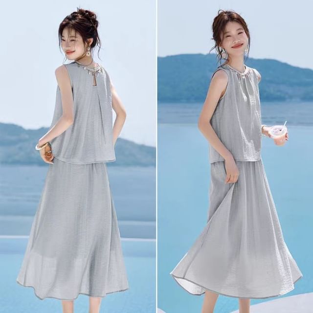 Set: Solid Tank Top with High-Waist Maxi Flared Skirt