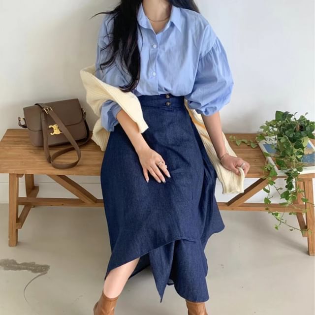 Collared Long-Sleeve Shirt with High-Waist Washed Asymmetric Midi Denim Flared Skirt