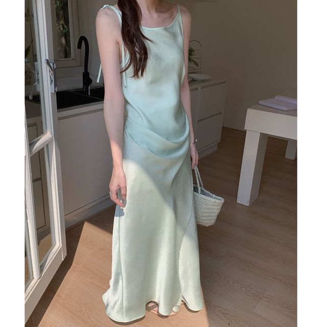 Tie Shoulder Plain Satin Maxi A-Line Dress