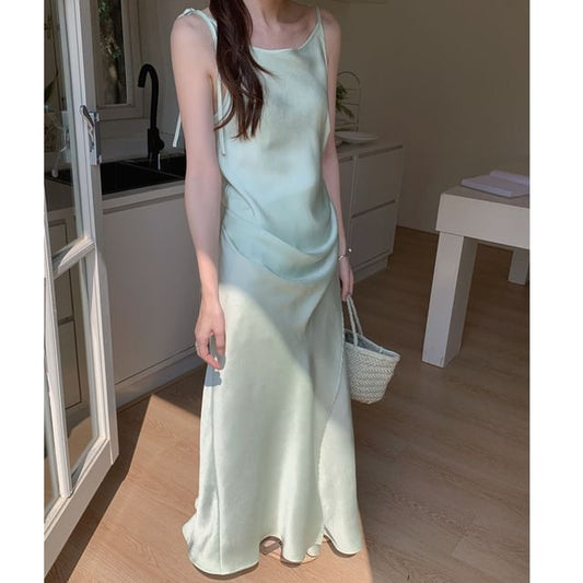 Tie Shoulder Plain Satin Maxi A-Line Dress