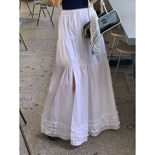 Elastic-Waist Tiered Slit Frill Maxi Flared Skirt