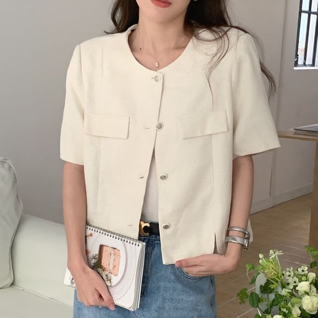 Short Sleeve Round Neck Plain Tweed Slit Button Jacket