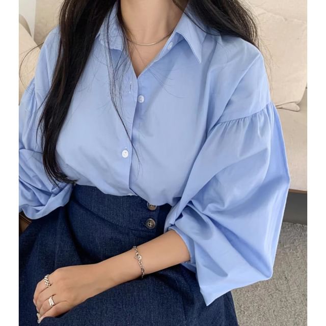 Collared Long-Sleeve Shirt with High-Waist Washed Asymmetric Midi Denim Flared Skirt