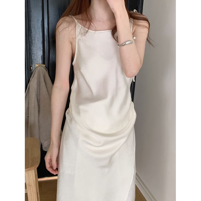 Tie Shoulder Plain Satin Maxi A-Line Dress