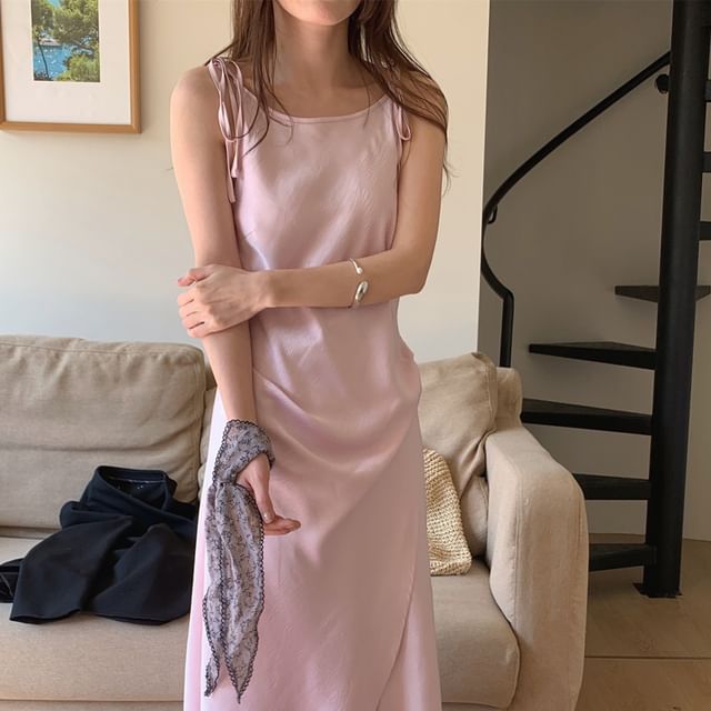 Tie Shoulder Plain Satin Maxi A-Line Dress