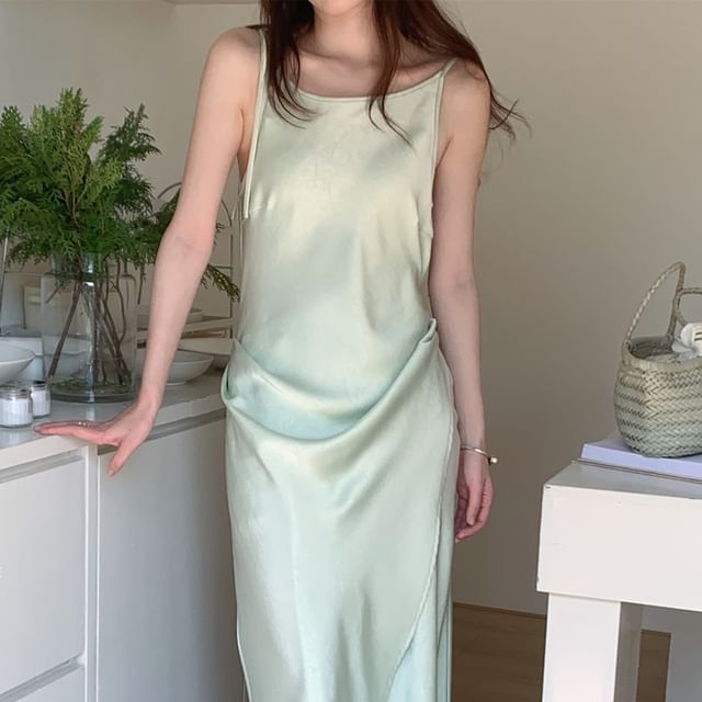 Tie Shoulder Plain Satin Maxi A-Line Dress
