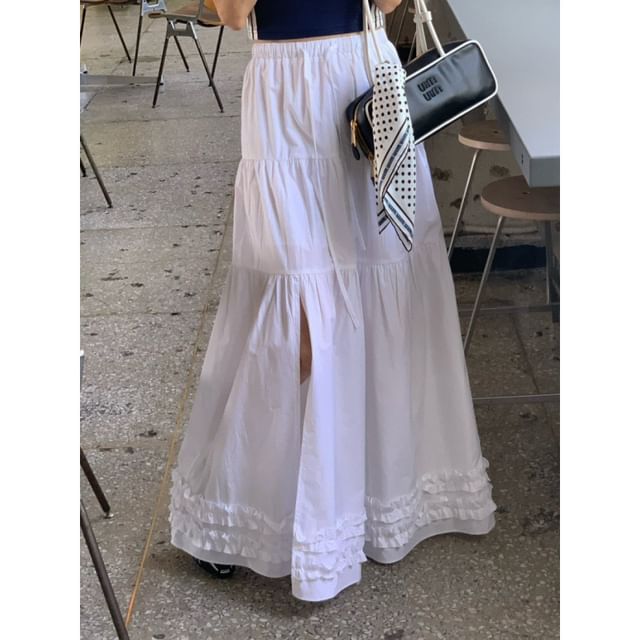 Elastic-Waist Tiered Slit Frill Maxi Flared Skirt