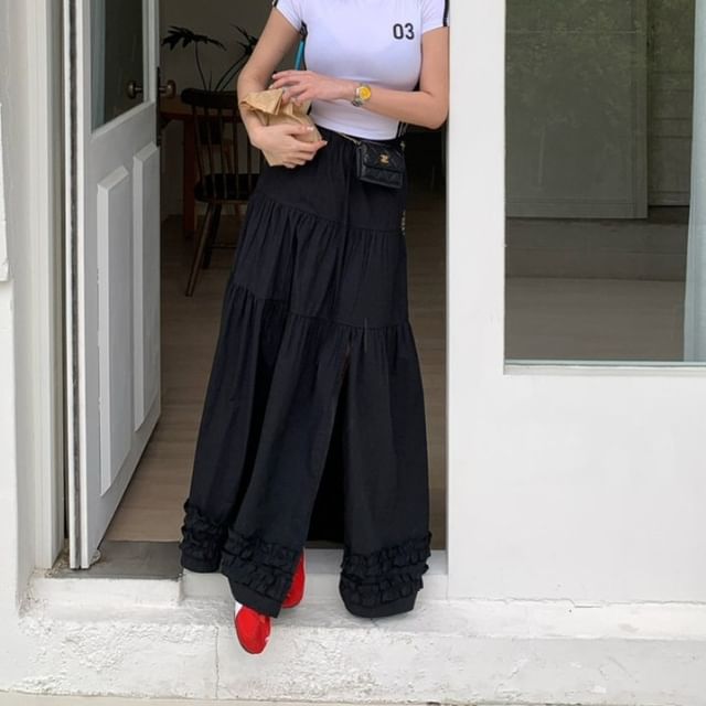 Elastic-Waist Tiered Slit Frill Maxi Flared Skirt