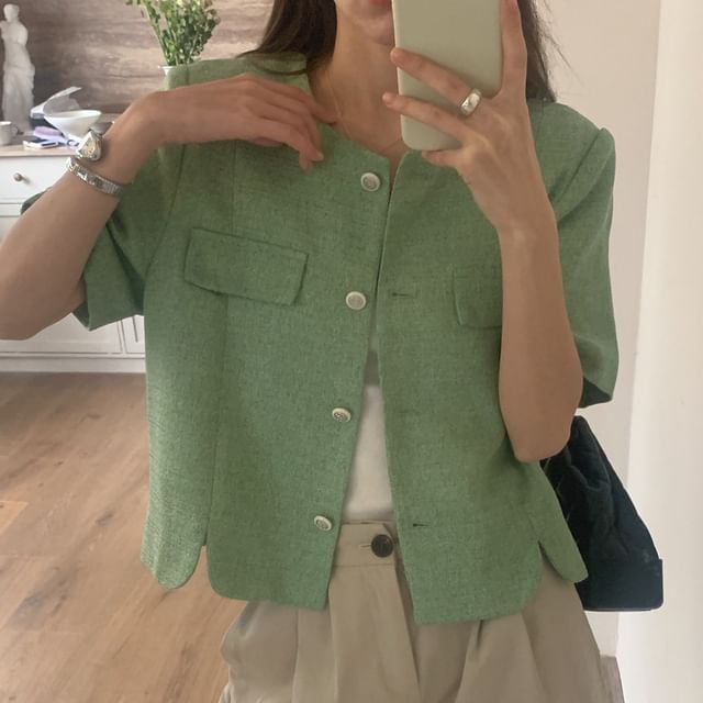 Short Sleeve Round Neck Plain Tweed Slit Button Jacket