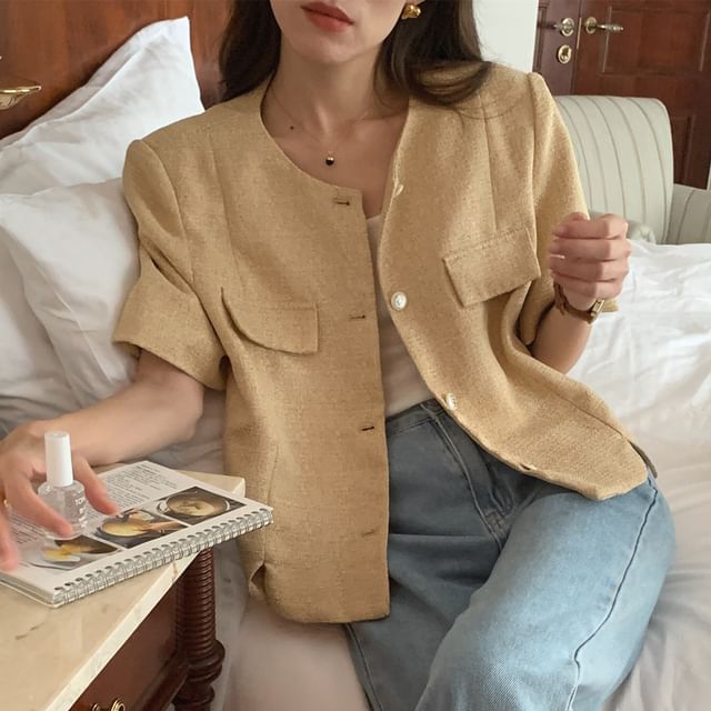 Short Sleeve Round Neck Plain Tweed Slit Button Jacket