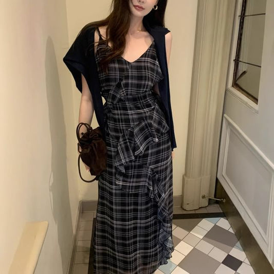 Spaghetti Strap Plaid Asymmetrical Ruffle Trim Midi A-Line Dress