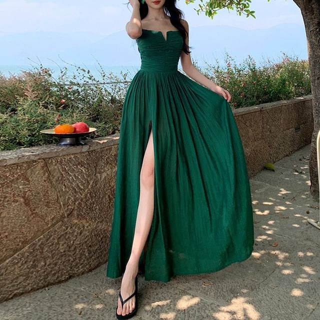 Spaghetti Strap Plain Ruched Slit Tie Back Maxi A-Line Dress