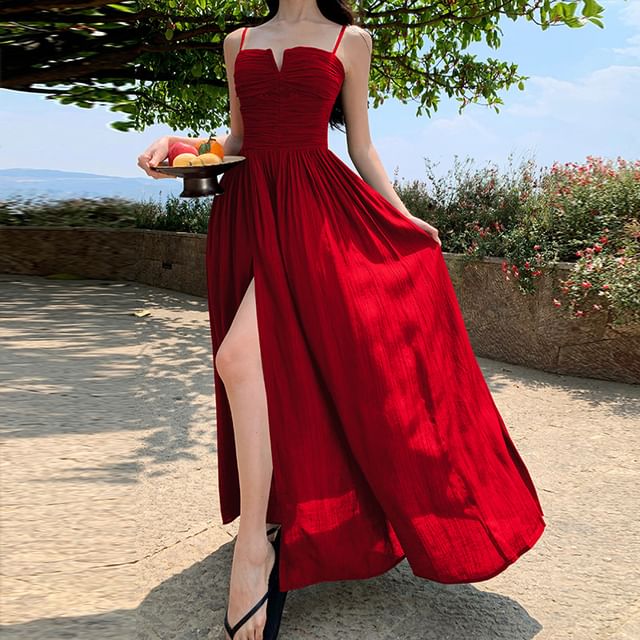 Spaghetti Strap Plain Ruched Slit Tie Back Maxi A-Line Dress
