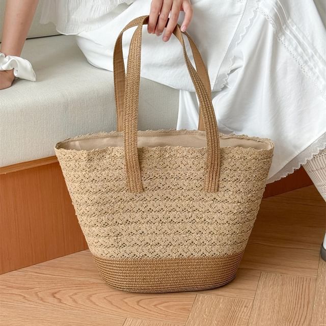 Tote Lace Straw Panel Bag