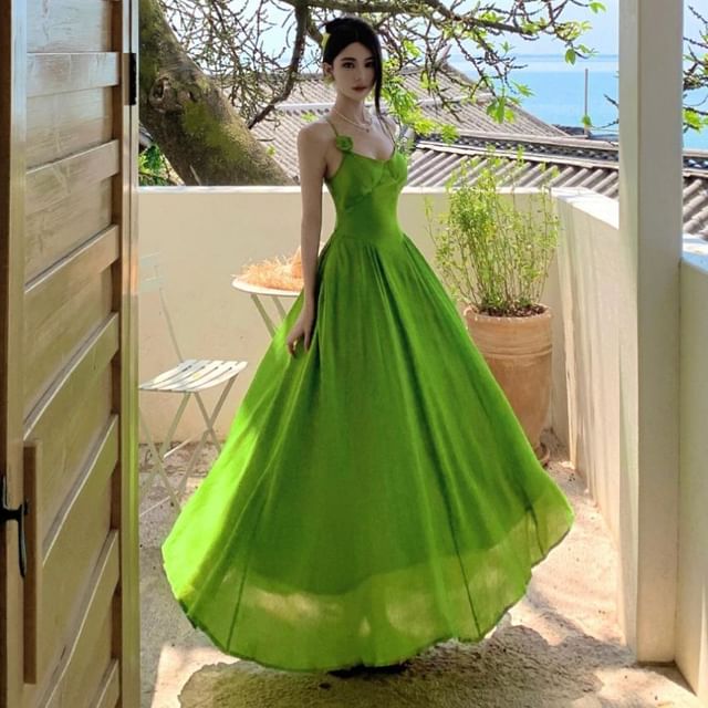 Spaghetti Strap Plain Tie Back Maxi A-Line Dress