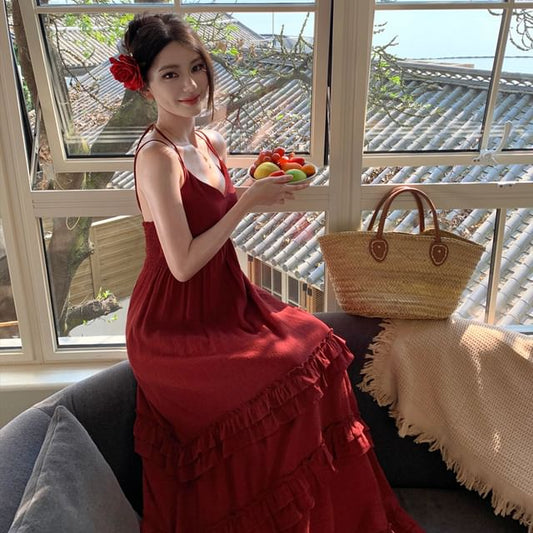 Spaghetti Strap V-Neck Plain Ruffle Tiered Maxi A-Line Dress