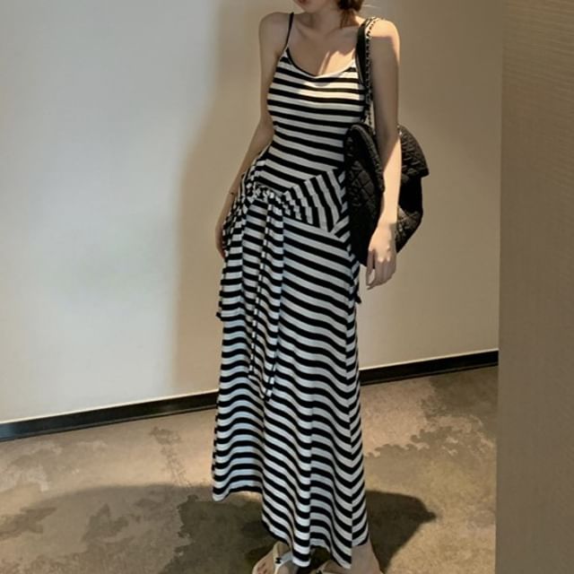 Spaghetti Strap V-Neck Striped Maxi A-Line Dress